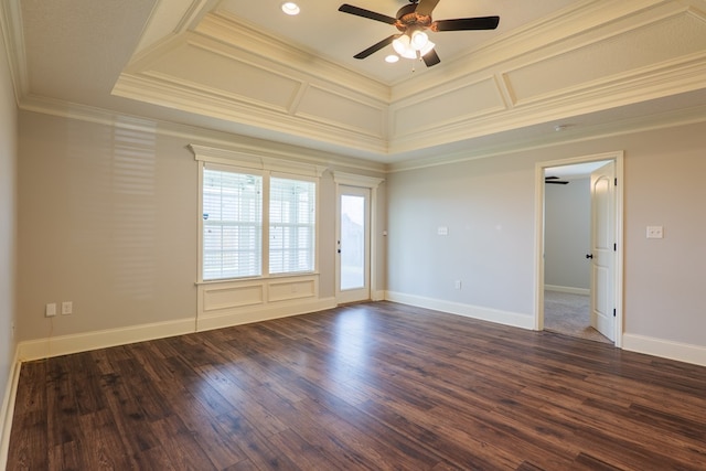 3982 Karaline Cir, Valdosta, GA 31605 - unfurnished room featuring coffered ceiling, crown molding, a ceiling fan, dark wood-style floors, and recessed lighting