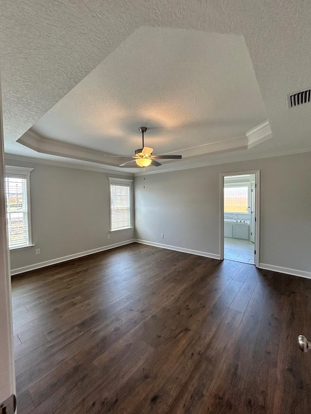 empty room with a raised ceiling, a wealth of natural light, and dark wood-type flooring