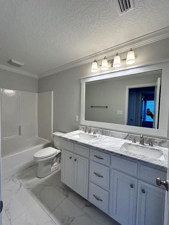 full bathroom with a textured ceiling, toilet, vanity, shower / bathtub combination, and ornamental molding