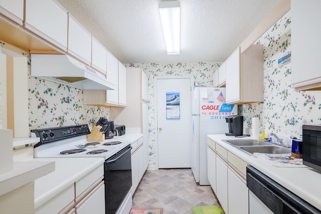kitchen featuring a sink, dishwasher, electric range oven, wallpapered walls, and under cabinet range hood