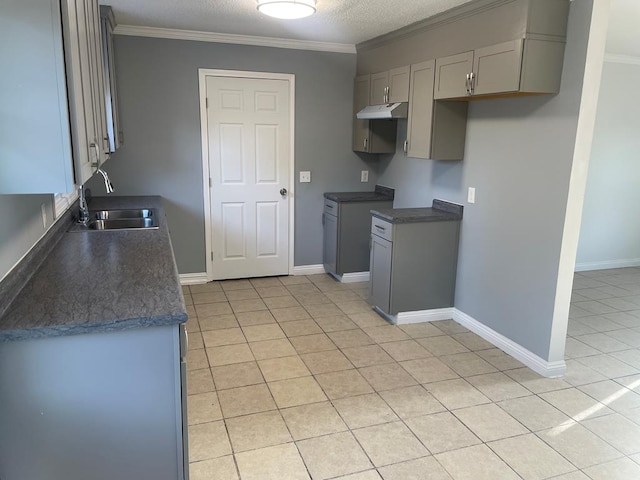 kitchen with ornamental molding, sink, and gray cabinetry