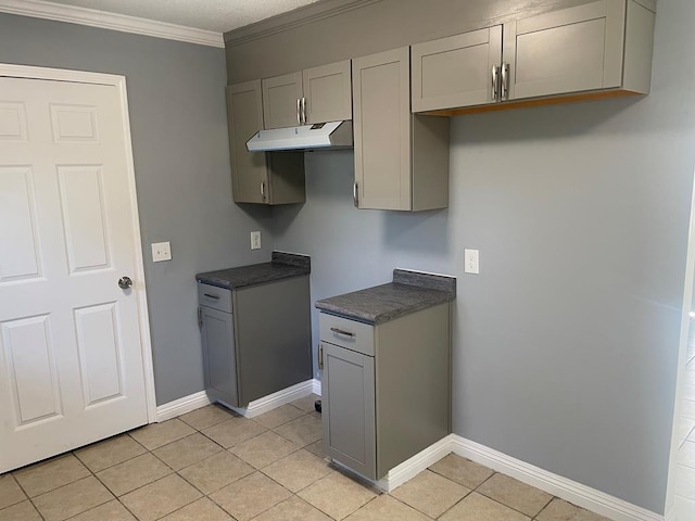 kitchen with gray cabinetry and crown molding