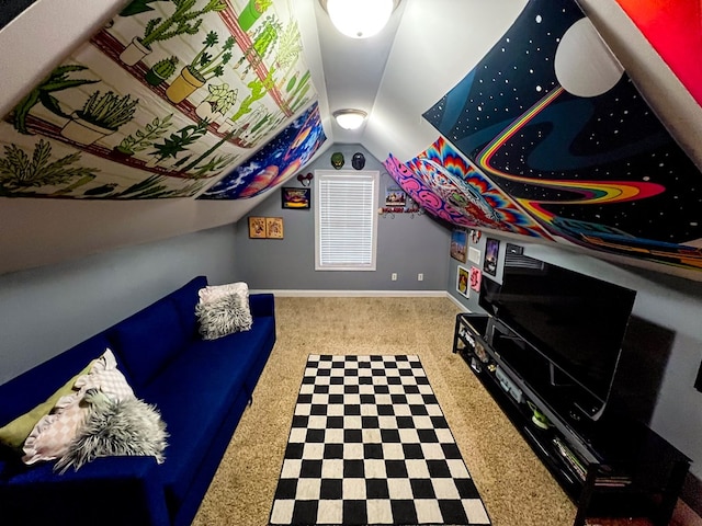 playroom with baseboards and vaulted ceiling