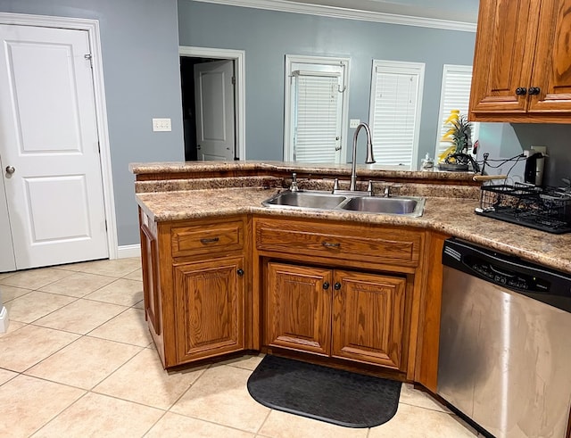 kitchen featuring ornamental molding, a sink, stainless steel dishwasher, brown cabinetry, and light tile patterned floors