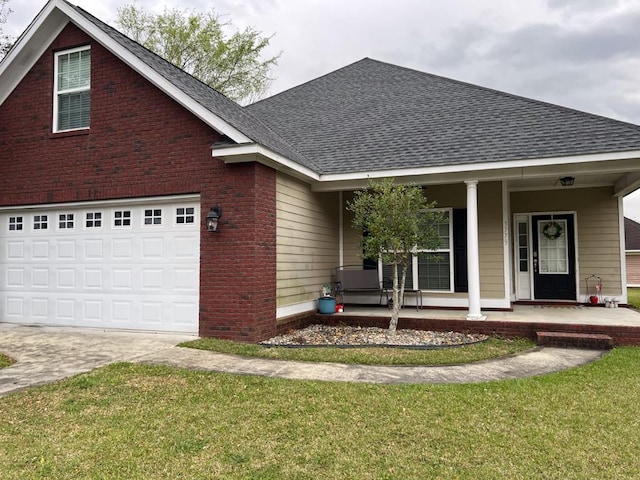 view of front of home with covered porch, roof with shingles, concrete driveway, a garage, and brick siding