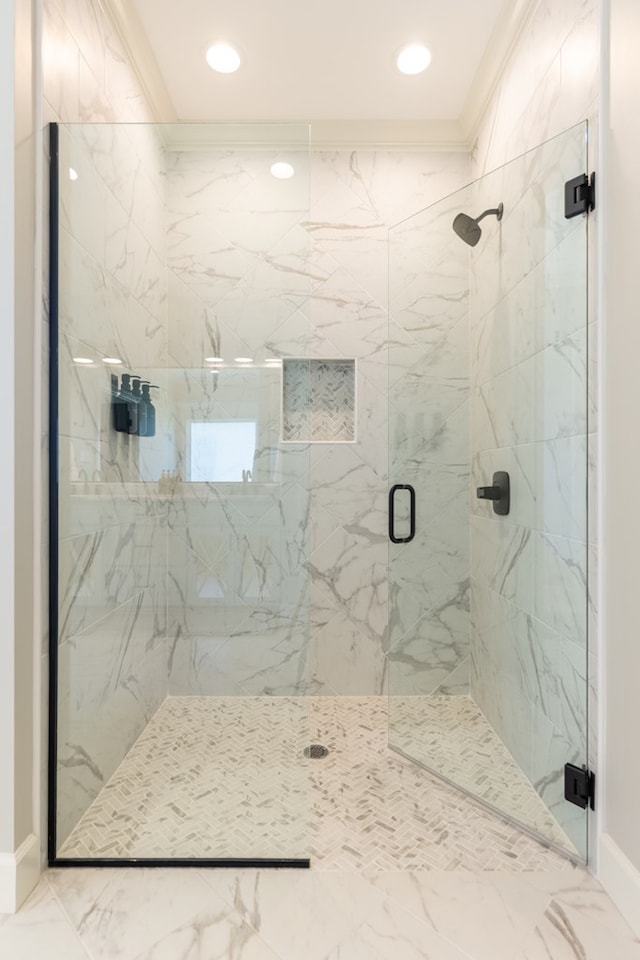 5039 Hatfield Cir, Hahira, GA 31632 - full bathroom with a marble finish shower, recessed lighting, crown molding, and baseboards
