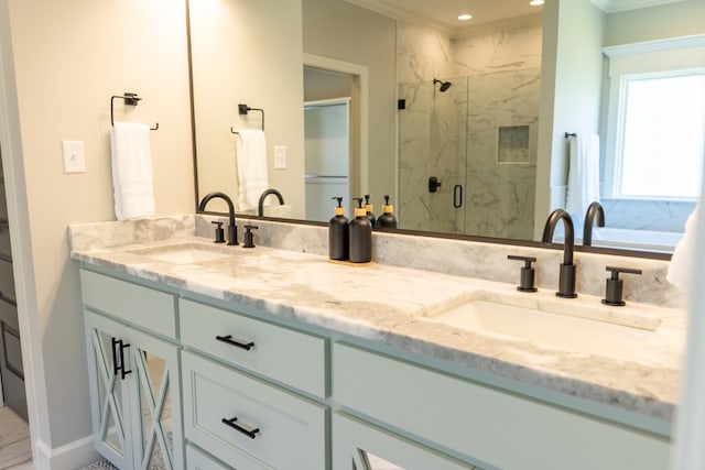 5039 Hatfield Cir, Hahira, GA 31632 - full bathroom with ornamental molding, double vanity, a marble finish shower, a garden tub, and recessed lighting