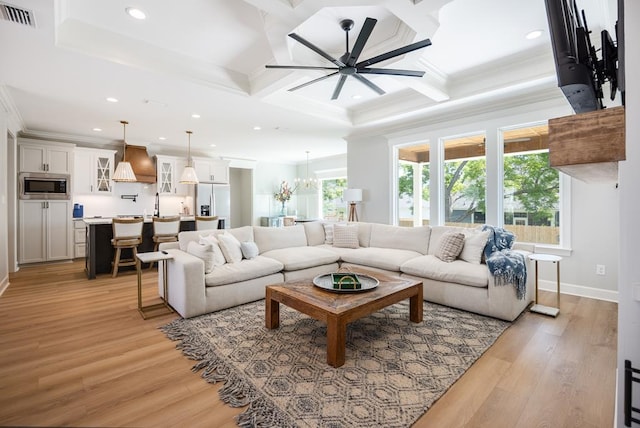 5039 Hatfield Cir, Hahira, GA 31632 - living area with ceiling fan, coffered ceiling, recessed lighting, light wood-style flooring, and crown molding