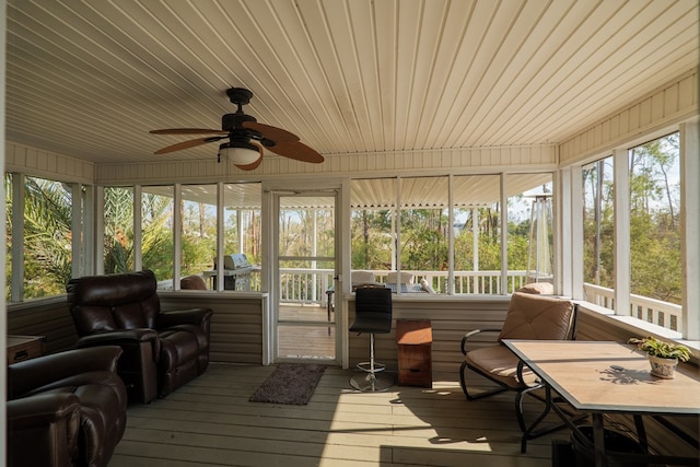 sunroom with plenty of natural light, ceiling fan, and wooden ceiling