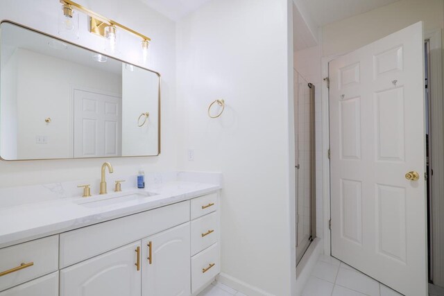 bathroom with tile patterned floors, vanity, and an enclosed shower