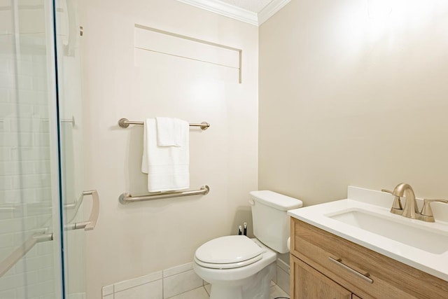 2202 Gornto Rd, Valdosta, GA 31602 - full bath featuring crown molding, vanity, toilet, tiled shower, and tile patterned floors