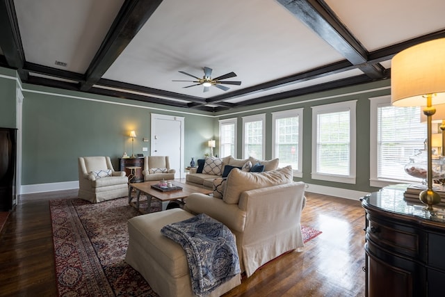 living room with coffered ceiling, ceiling fan, ornamental molding, beamed ceiling, and dark hardwood / wood-style flooring