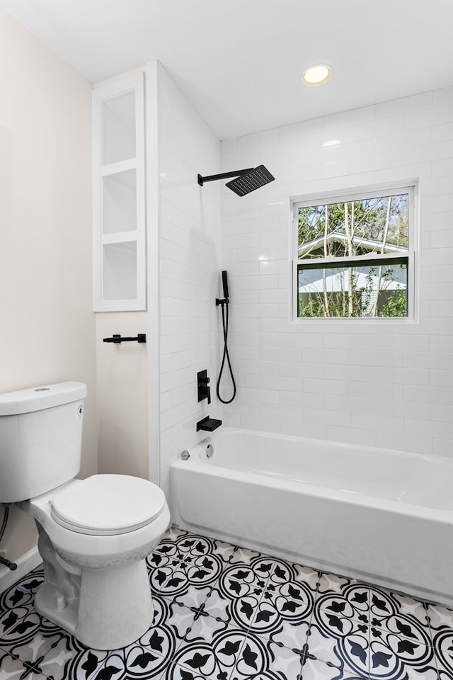 bathroom with toilet, tile patterned flooring, recessed lighting, and bathing tub / shower combination