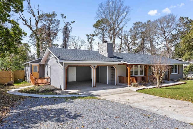 single story home with driveway, a chimney, roof with shingles, covered porch, and fence