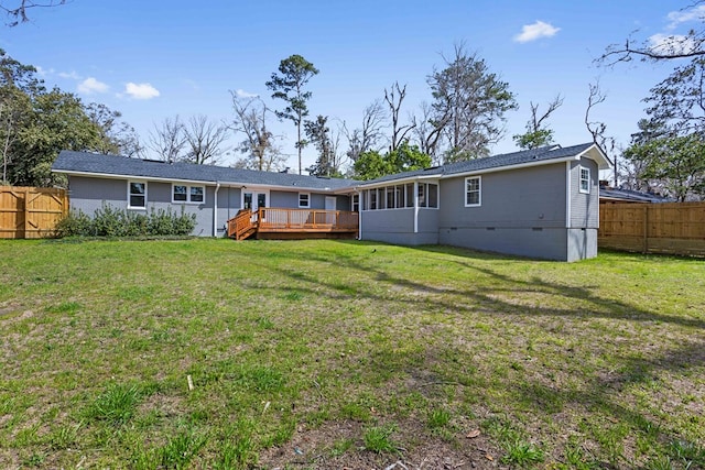 back of property with crawl space, a fenced backyard, a yard, and a wooden deck