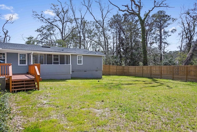 rear view of house featuring crawl space, a wooden deck, fence, and a yard