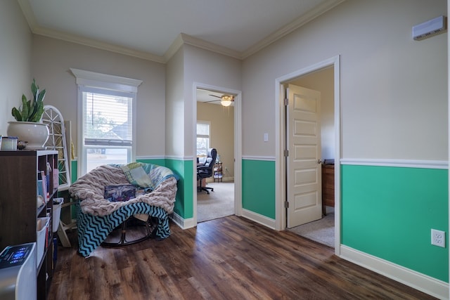 sitting room with dark hardwood / wood-style flooring, ornamental molding, and ceiling fan