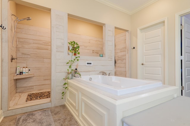 bathroom with crown molding and separate shower and tub