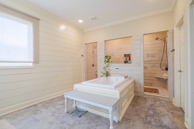 bathroom with ornamental molding, independent shower and bath, and wood walls