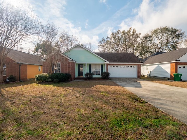 ranch-style house featuring a garage and a front lawn