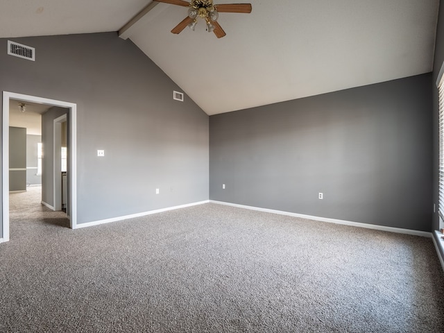 carpeted spare room with beamed ceiling, high vaulted ceiling, and ceiling fan