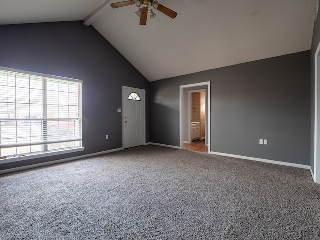 interior space featuring beamed ceiling, ceiling fan, high vaulted ceiling, and carpet