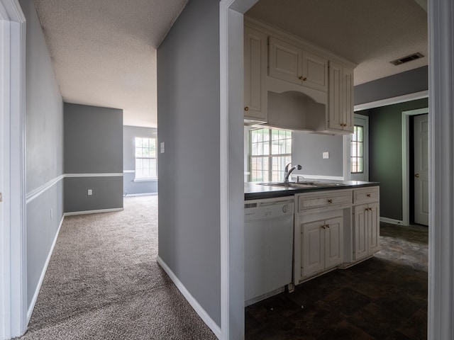 kitchen with dark carpet, sink, a textured ceiling, and dishwasher