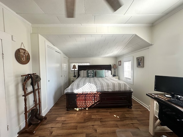 bedroom with crown molding and dark hardwood / wood-style floors