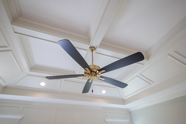 details featuring coffered ceiling, crown molding, and ceiling fan