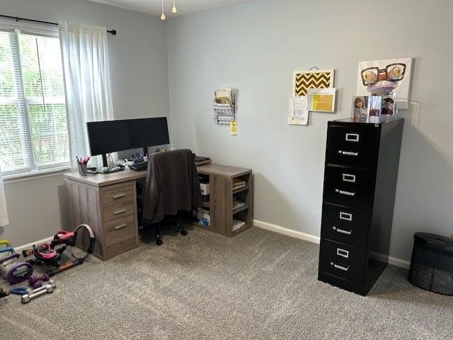 home office with light carpet, baseboards, and a wealth of natural light