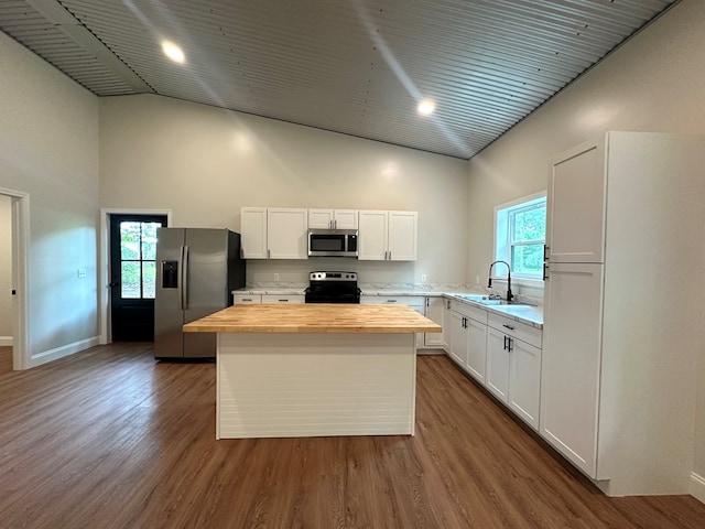 804 S Forrest Ave, Adel, GA 31620 - kitchen featuring appliances with stainless steel finishes, wooden counters, high vaulted ceiling, a center island, and white cabinets