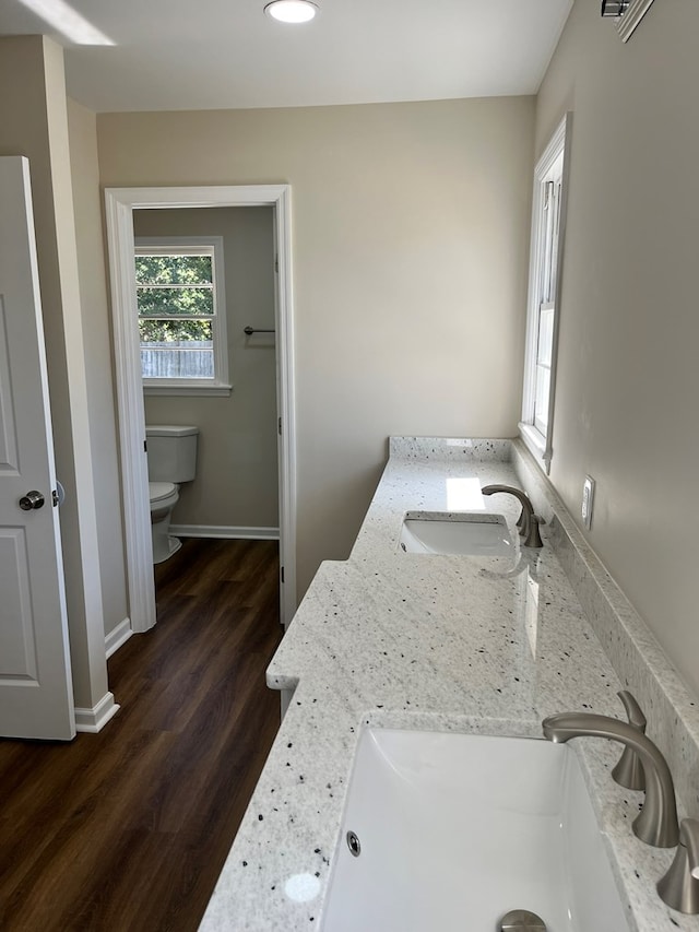 bathroom with toilet, vanity, and hardwood / wood-style flooring