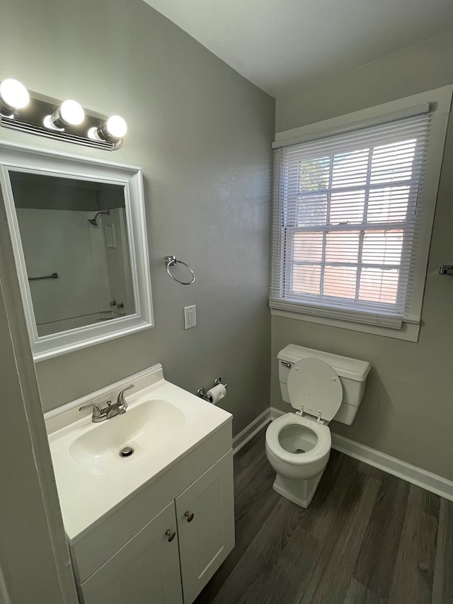 bathroom with wood-type flooring, vanity, and toilet