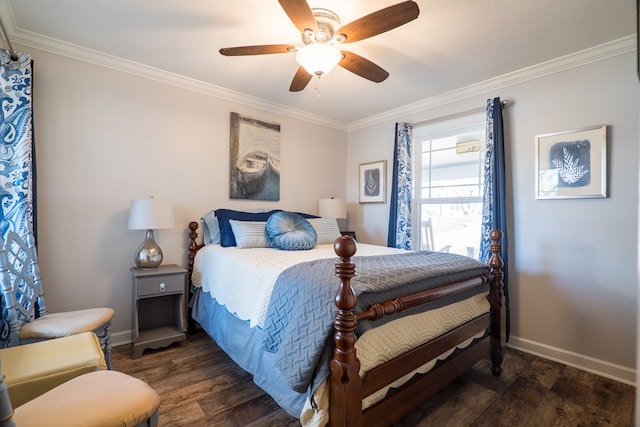 bedroom with ceiling fan, dark hardwood / wood-style flooring, and crown molding