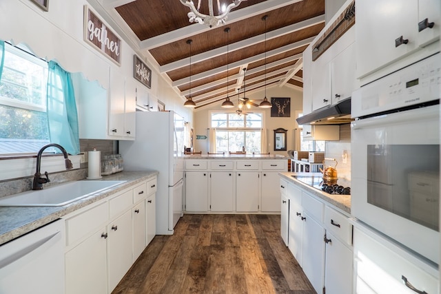 kitchen featuring dark hardwood / wood-style floors, white cabinetry, white appliances, and sink