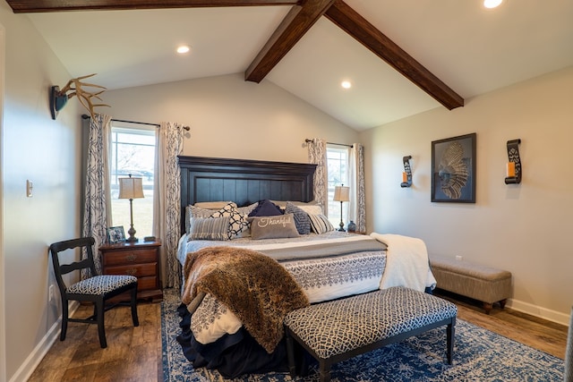 bedroom featuring multiple windows, dark hardwood / wood-style flooring, and lofted ceiling with beams