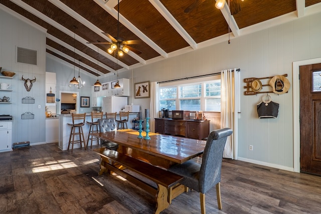 dining room featuring ceiling fan, beam ceiling, dark hardwood / wood-style flooring, and high vaulted ceiling