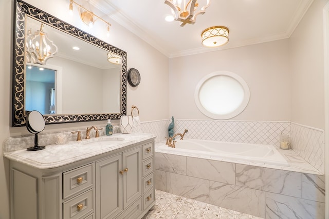 bathroom with tile patterned flooring, vanity, ornamental molding, and tiled bath