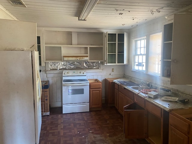 kitchen featuring white appliances, visible vents, wooden ceiling, open shelves, and a sink