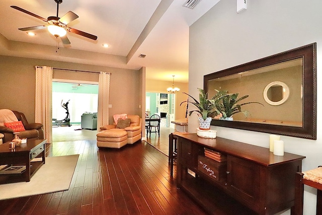 3342 Norton Pl, Valdosta, GA 31605 - living room featuring a ceiling fan, dark wood-style floors, recessed lighting, and a chandelier