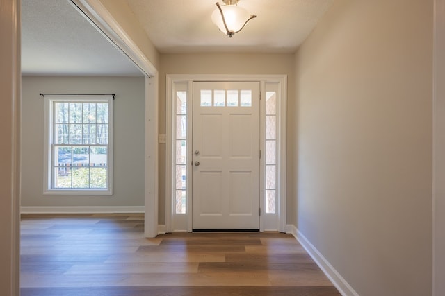 foyer with wood-type flooring and a textured ceiling