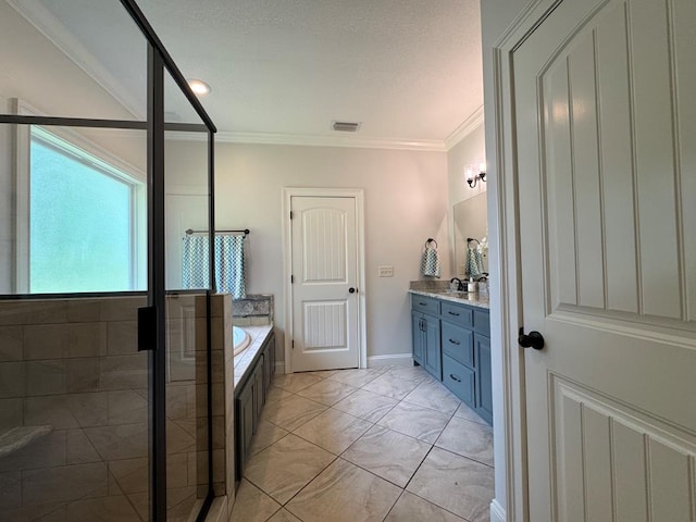 5029 Falling Spgs, Valdosta, GA 31602 - bathroom with vanity, a garden tub, crown molding, and a shower stall