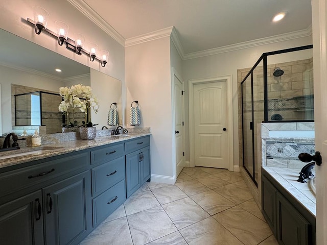 5029 Falling Spgs, Valdosta, GA 31602 - full bath with a shower stall, a bath, double vanity, and crown molding