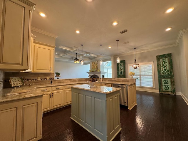 5029 Falling Spgs, Valdosta, GA 31602 - kitchen with dishwasher, a peninsula, a fireplace, recessed lighting, and a ceiling fan