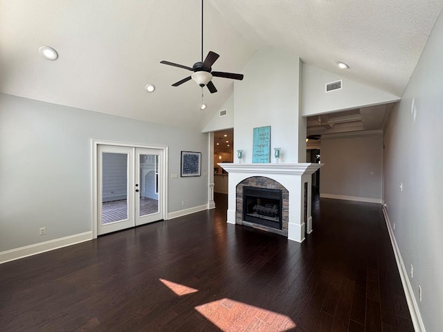 5029 Falling Spgs, Valdosta, GA 31602 - unfurnished living room with ceiling fan, wood finished floors, french doors, recessed lighting, and a fireplace
