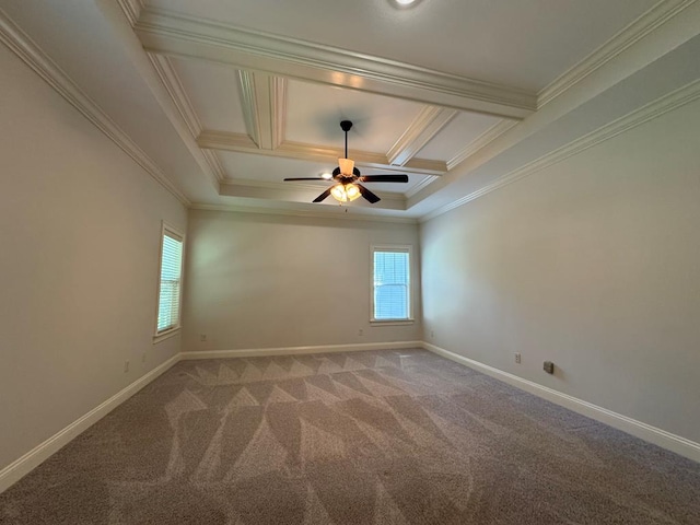 5029 Falling Spgs, Valdosta, GA 31602 - spare room with crown molding, light carpet, coffered ceiling, a ceiling fan, and beamed ceiling