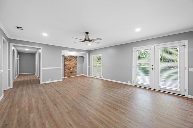 4848 Lori St, Valdosta, GA 31605 - unfurnished living room with crown molding, ceiling fan, baseboards, light wood-style flooring, and recessed lighting