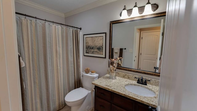 bathroom featuring vanity, curtained shower, ornamental molding, and toilet