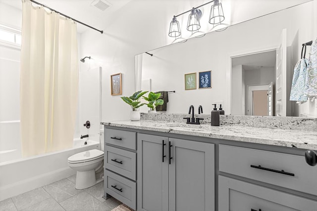 bathroom with toilet, visible vents, shower / bath combination with curtain, tile patterned flooring, and vanity