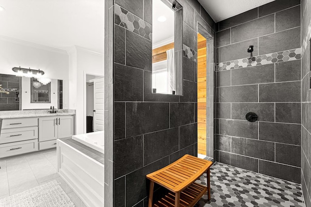 full bath with a walk in shower, ornamental molding, a garden tub, and vanity